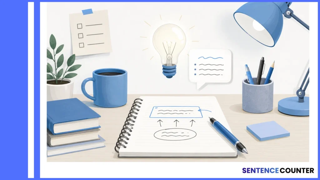 Workspace with books, notebook, glowing light bulb, and writing tools symbolizing sentence structure and writing