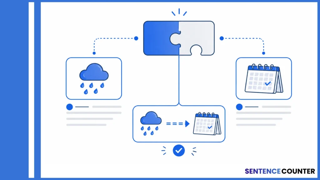 An graphic illustrating how many sentences are in an essay using puzzle pieces connecting rain cloud and calendar icons above a flow chart, branded by Sentence Counter.