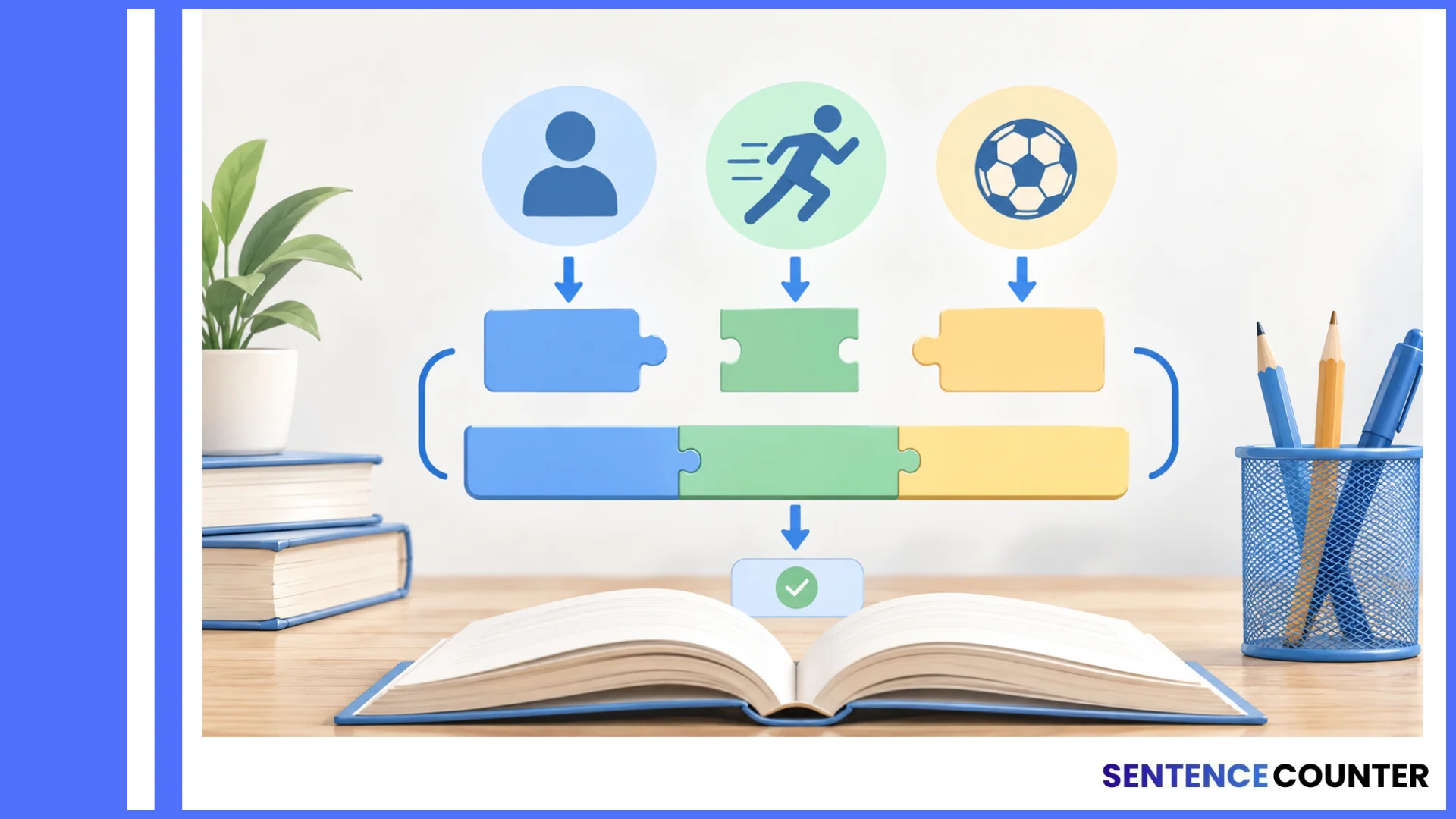 Illustration of a simple sentence concept using connected puzzle pieces, arrows, a check mark, and classroom objects to represent a complete thought without text
